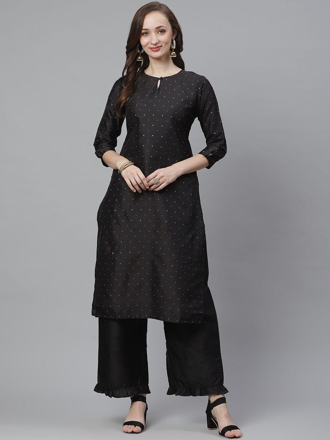 bhama couture women black & golden micro ditsy woven design kurta with palazzos