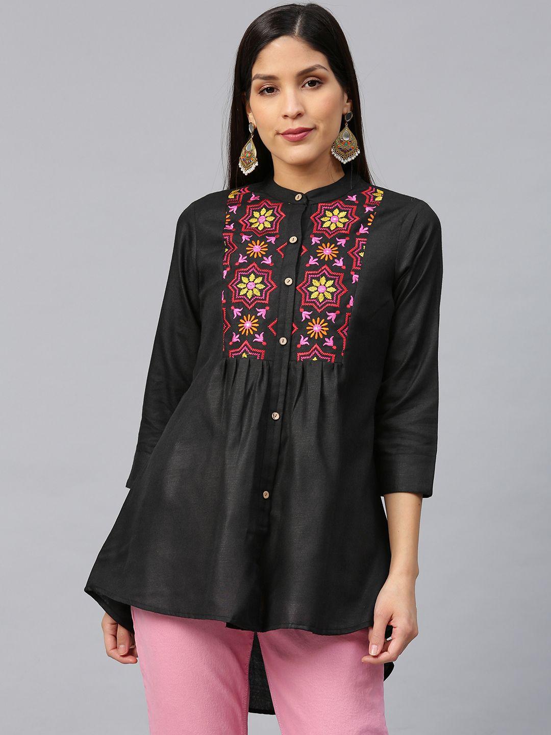 bhama couture women black & pink yoke design pure cotton high-low kurti