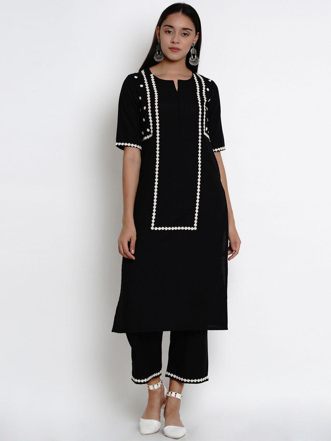 bhama couture women black & white embroidered kurta with palazzos