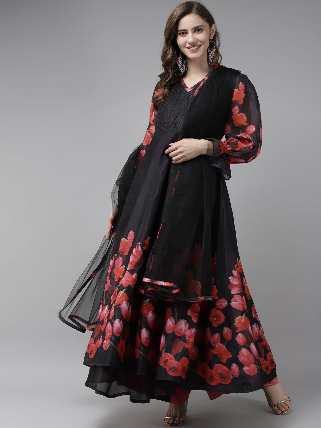 bhama couture women black floral printed chanderi silk anarkali kurta & dupatta