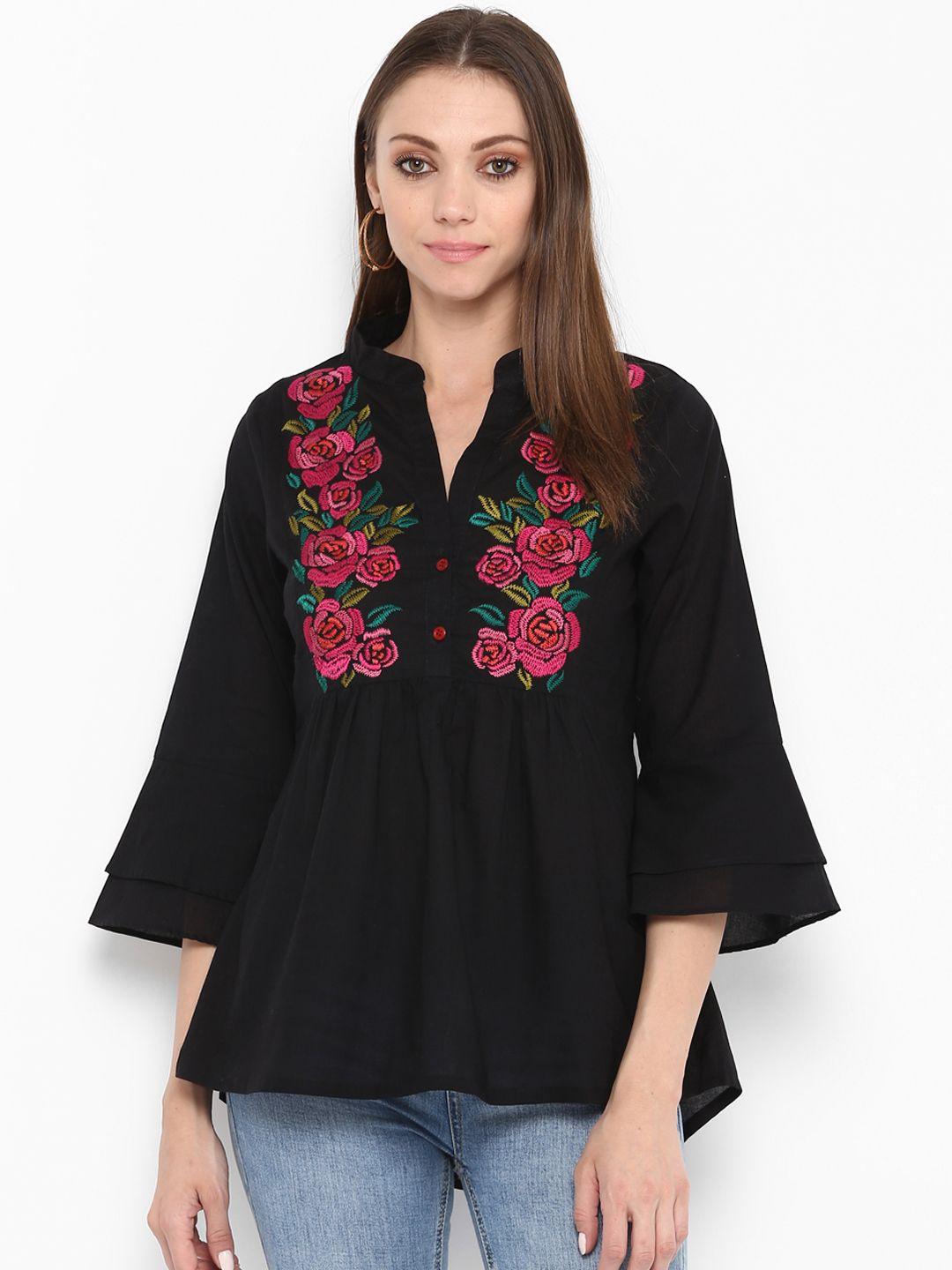 bhama couture women black floral printed pure cotton top