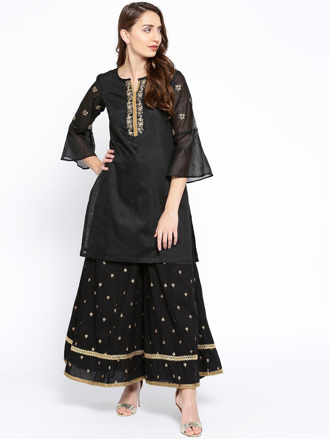 bhama couture women black solid kurta with palazzos