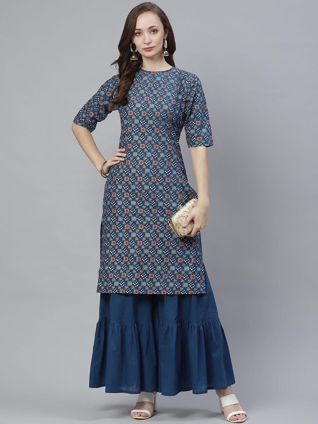 bhama couture women blue & golden screen bandhani printed kurta with sharara