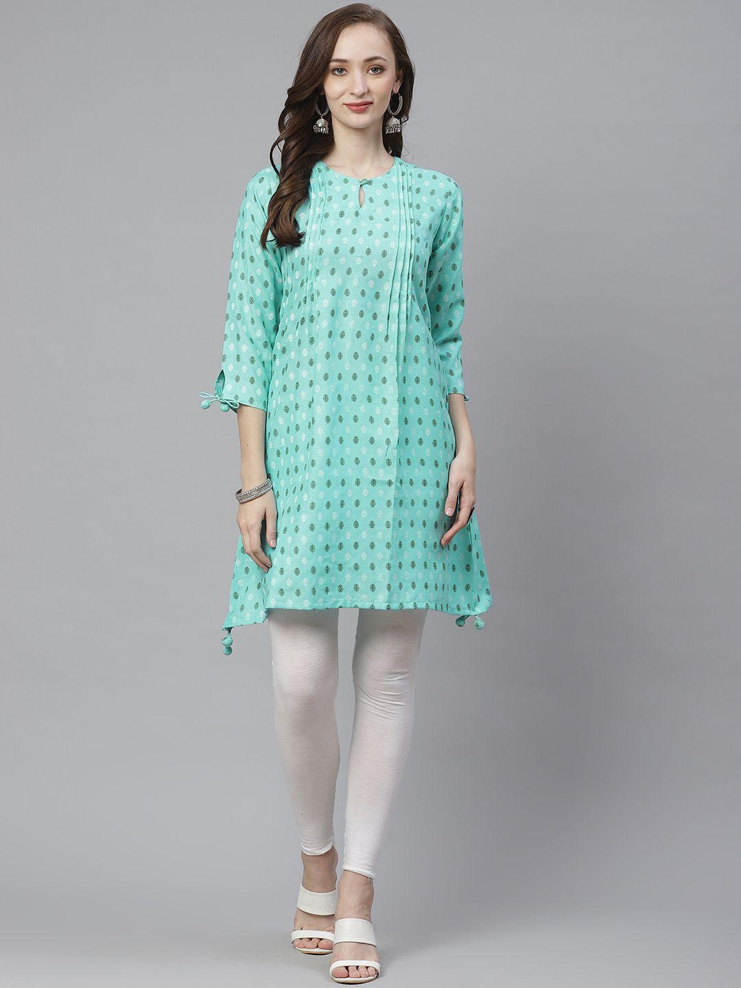 bhama couture women blue & green ethnic print a-line kurta