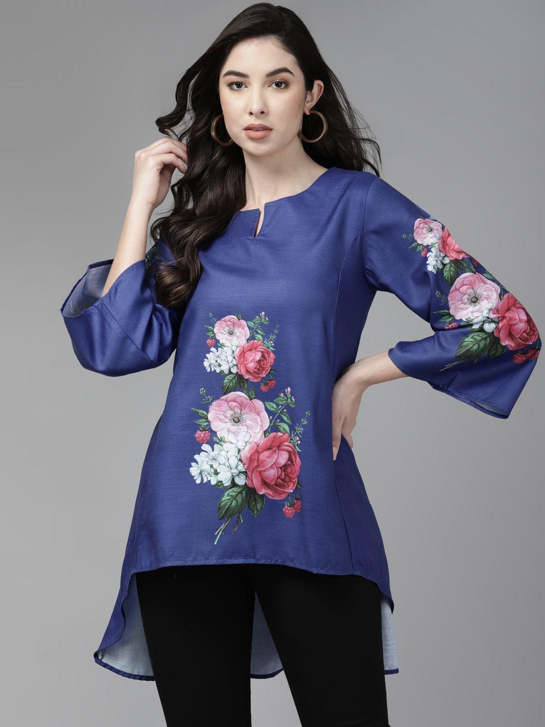 bhama couture women blue & pink printed high-low tunic