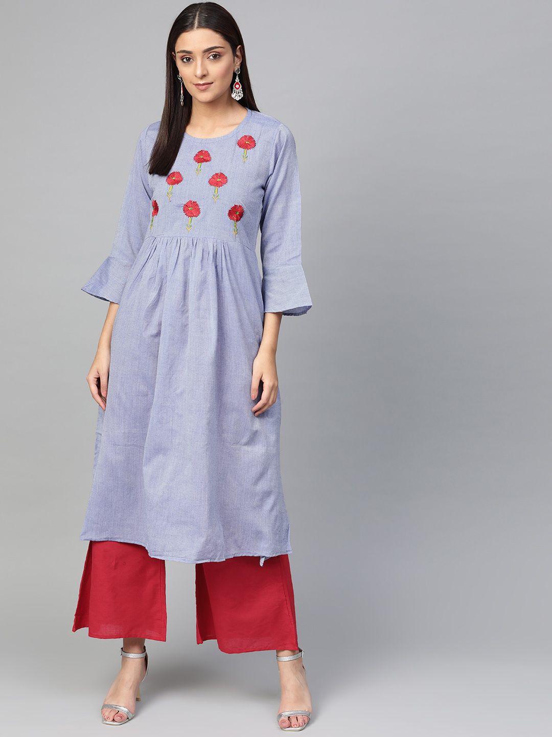 bhama couture women blue & red yoke design chambray kurta with palazzos