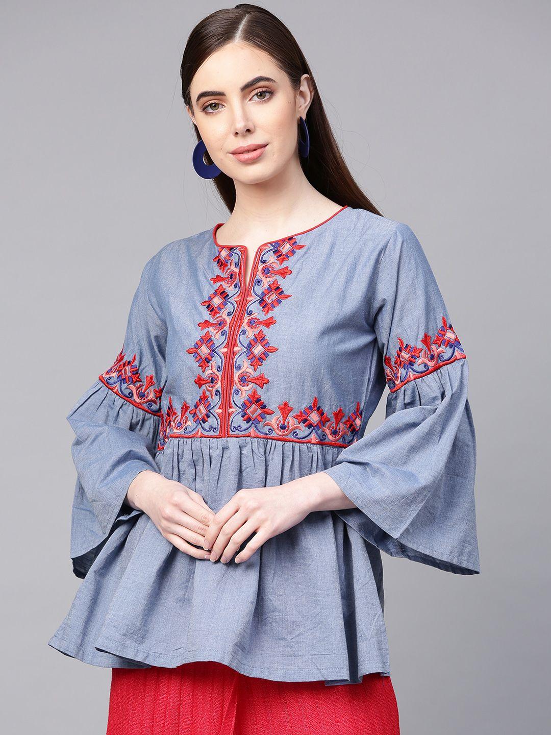 bhama couture women blue embroidered a-line pure cotton top