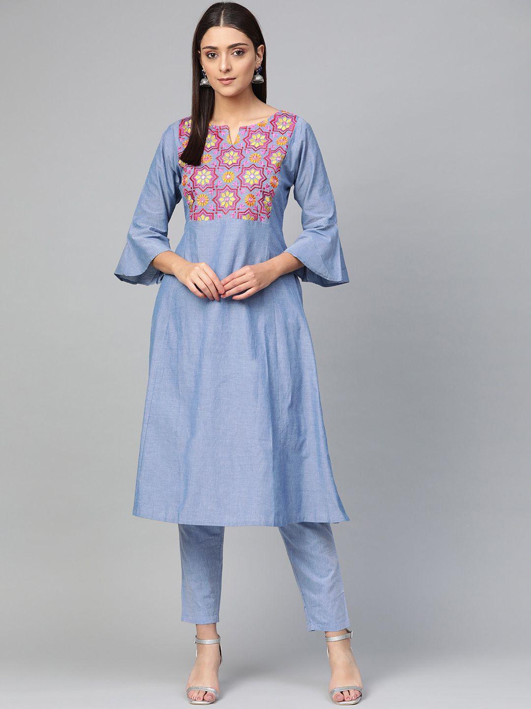 bhama couture women blue yoke design chambray kurta with trousers