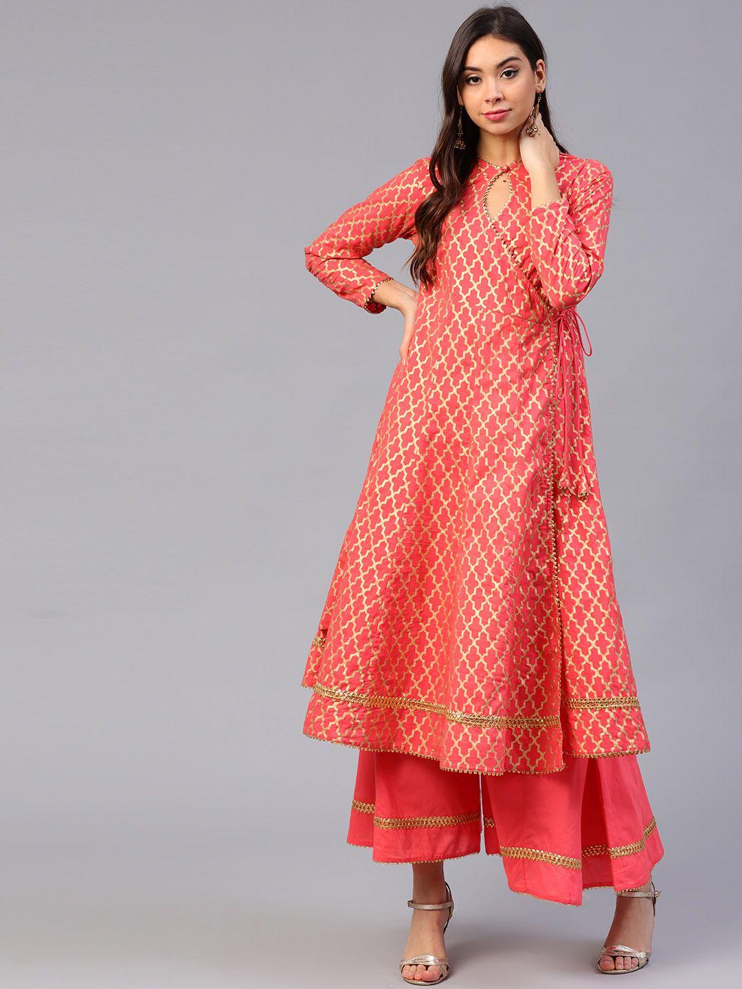 bhama couture women coral pink & golden printed kurta with palazzos