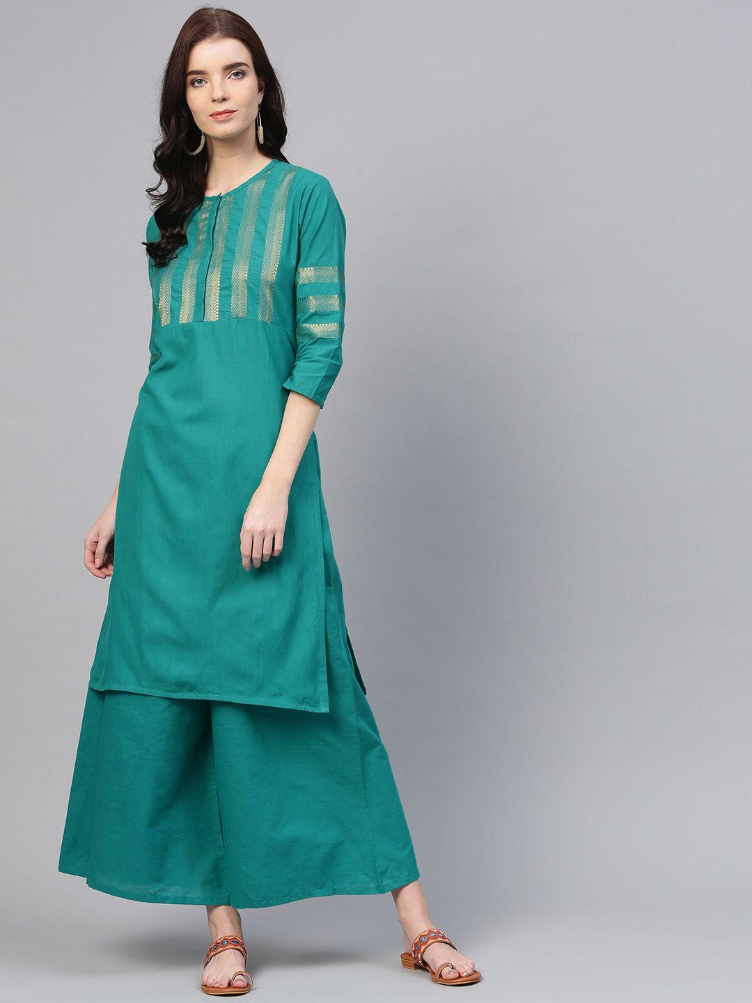 bhama couture women green yoke design kurta with palazzos