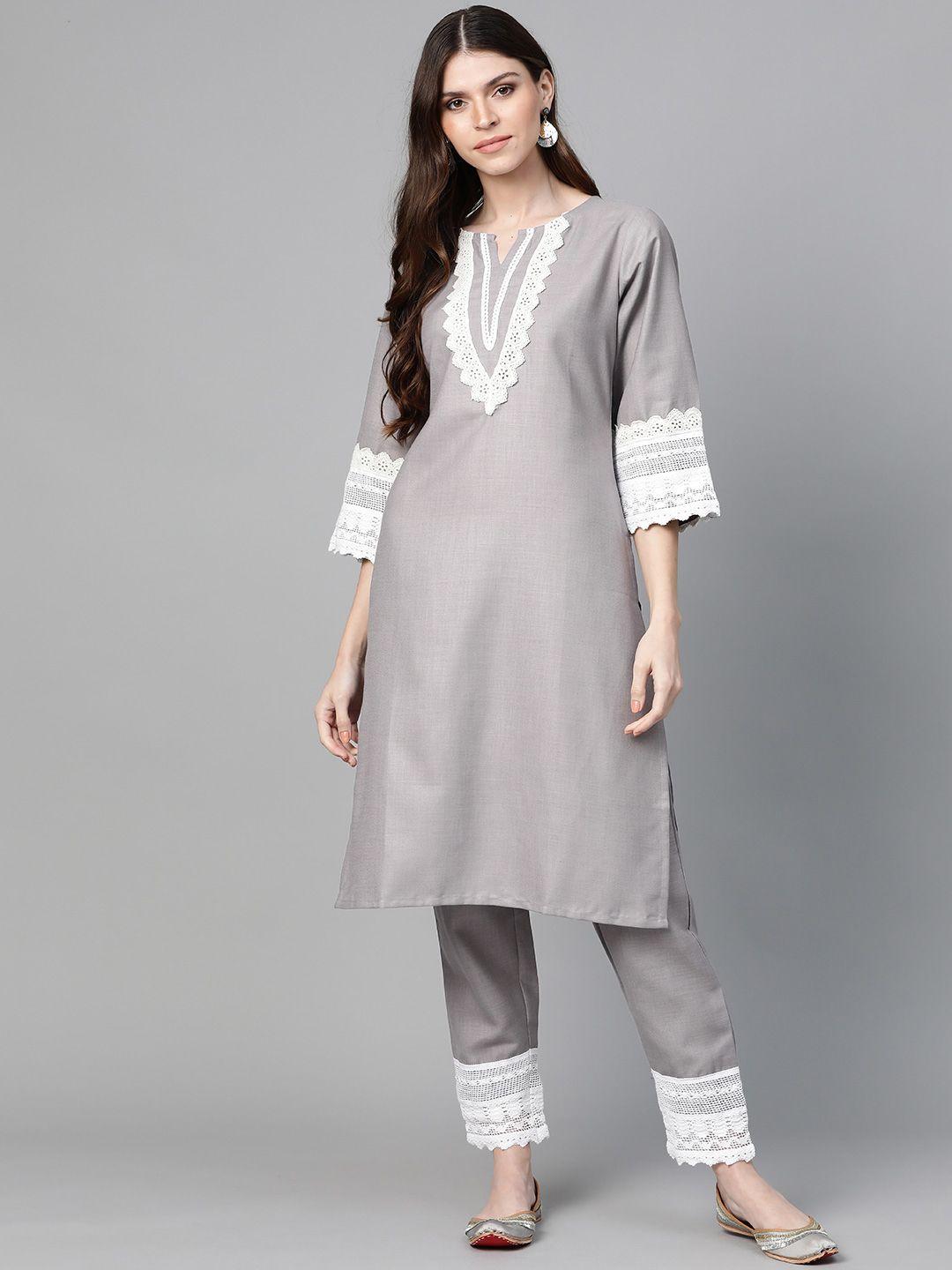 bhama couture women grey solid kurta & trousers with lace insert detail