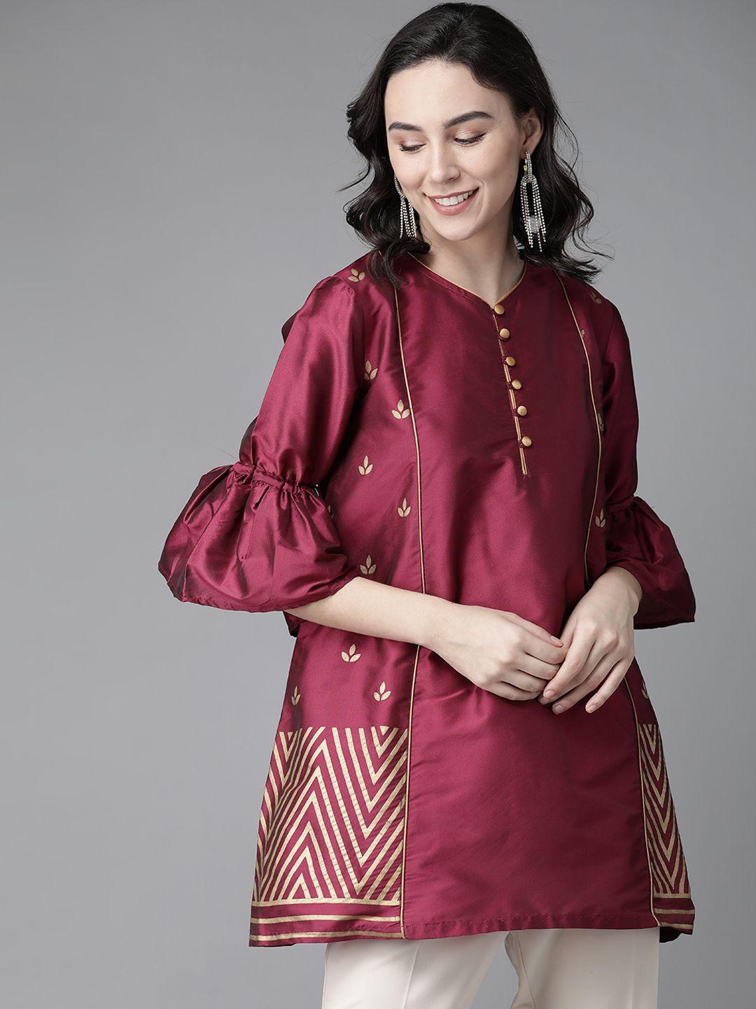 bhama couture women magenta & golden silk printed tunic