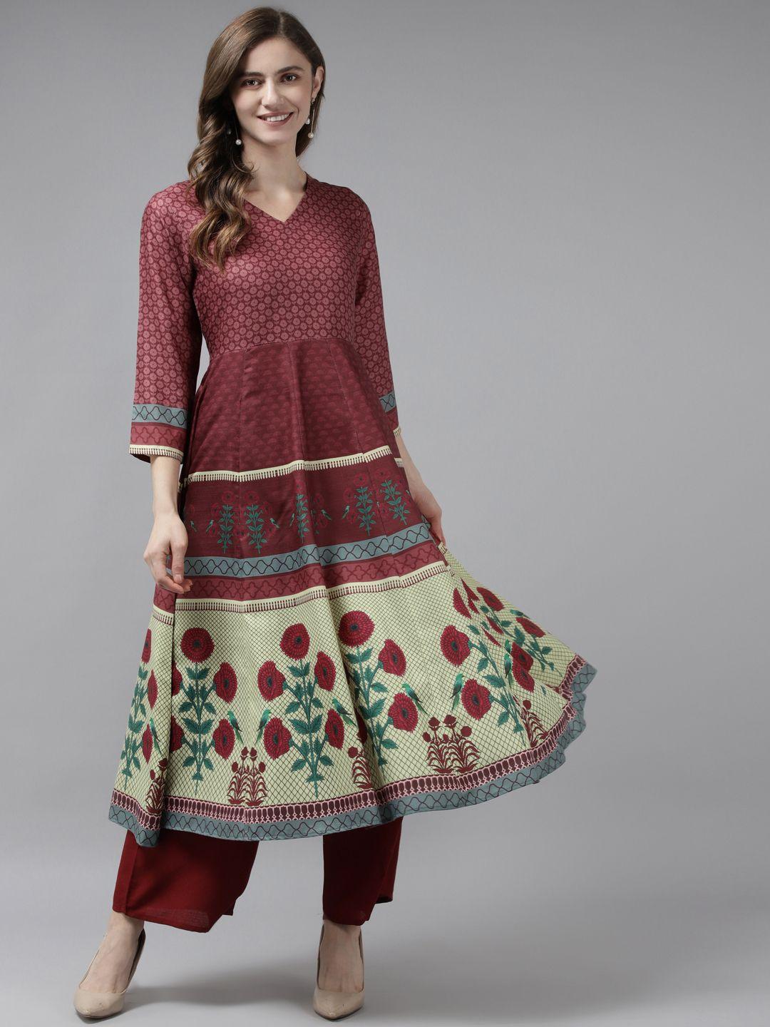 bhama couture women maroon floral printed panelled kurta with palazzos