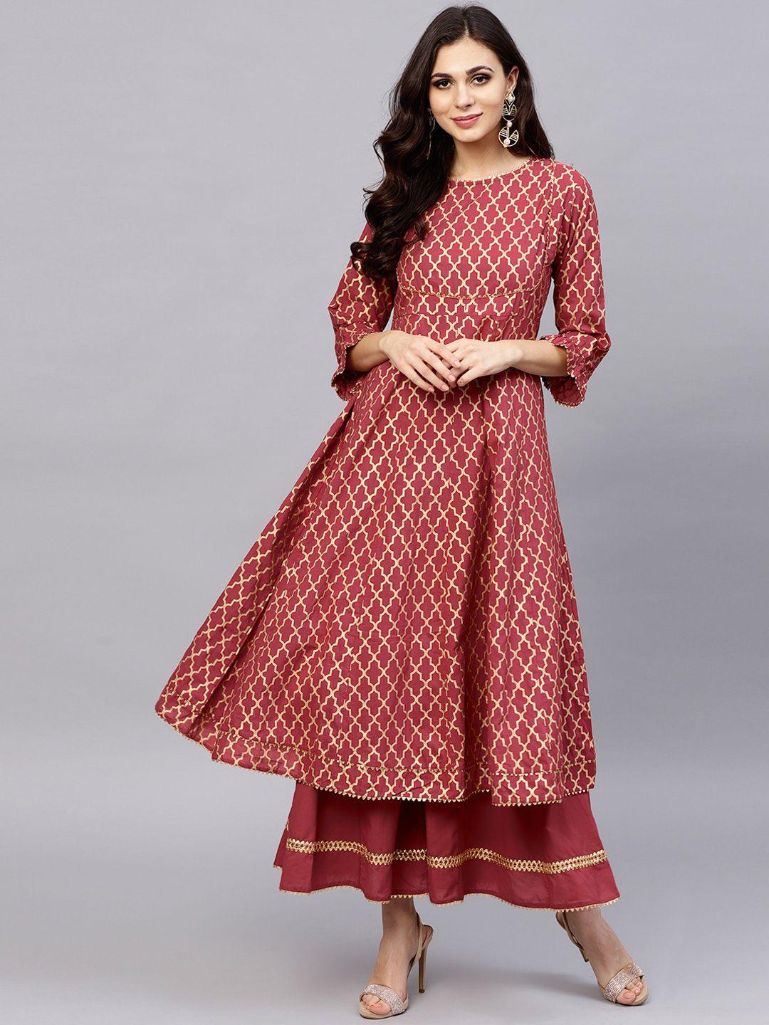 bhama couture women maroon printed kurta with palazzos