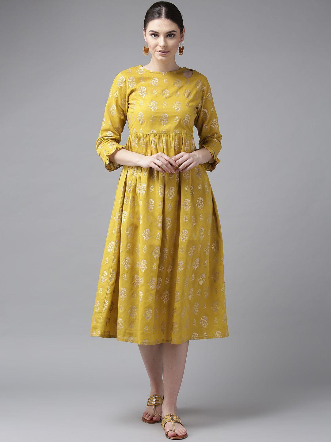 bhama couture women mustard yellow & golden printed a-line dress