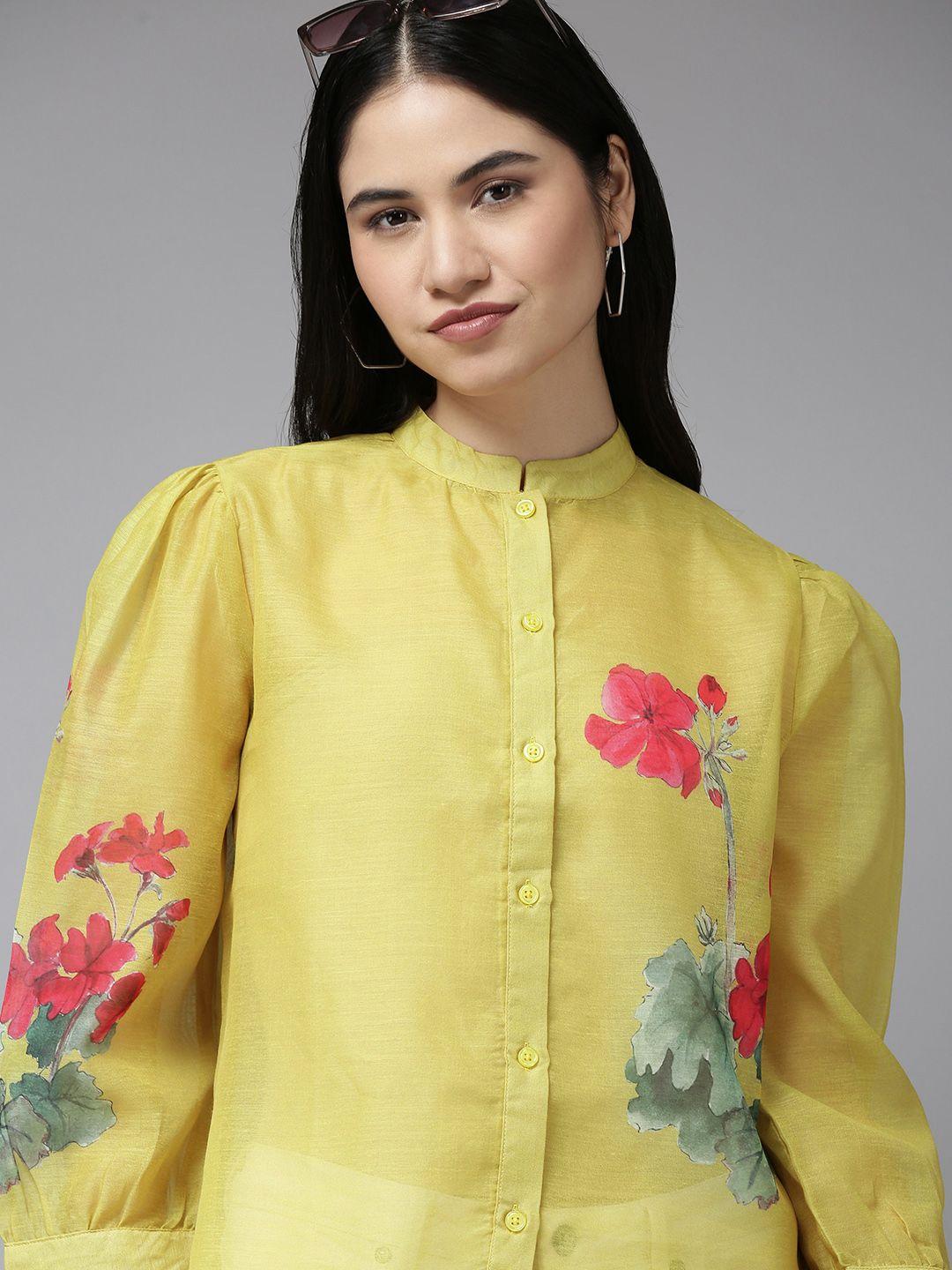 bhama couture women mustard yellow & red floral print shirt style top