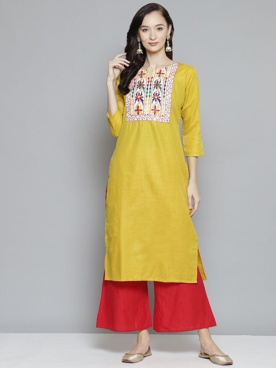 bhama couture women mustard yellow printed regular kurta with palazzos