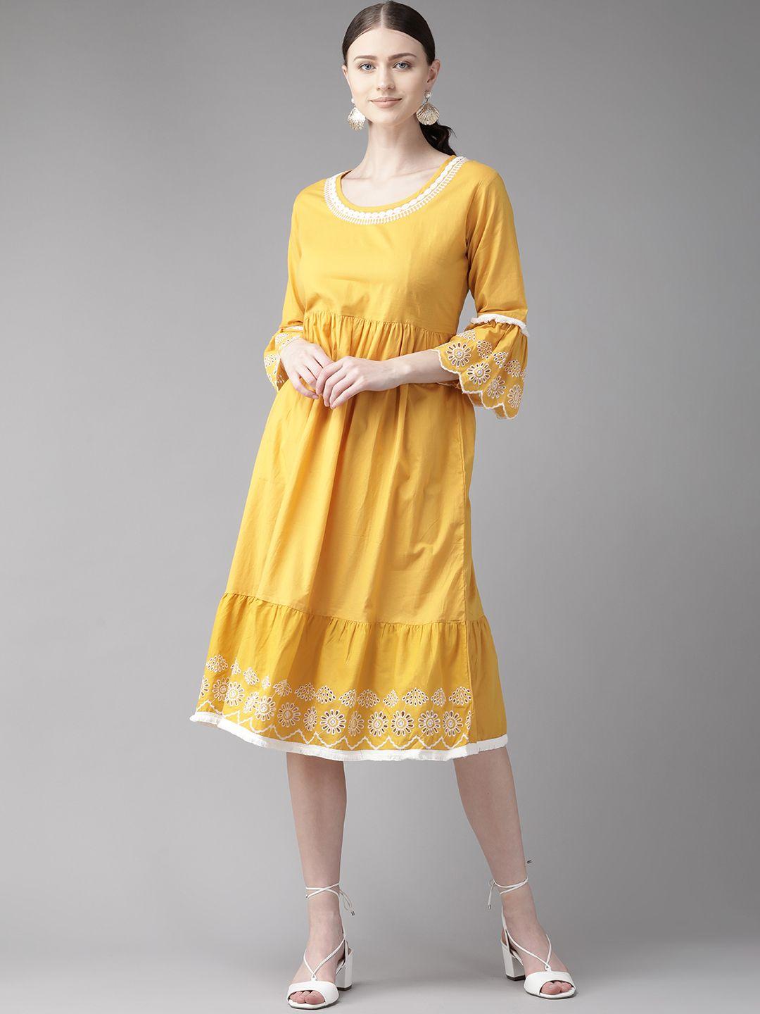 bhama couture women mustard yellow solid a-line dress