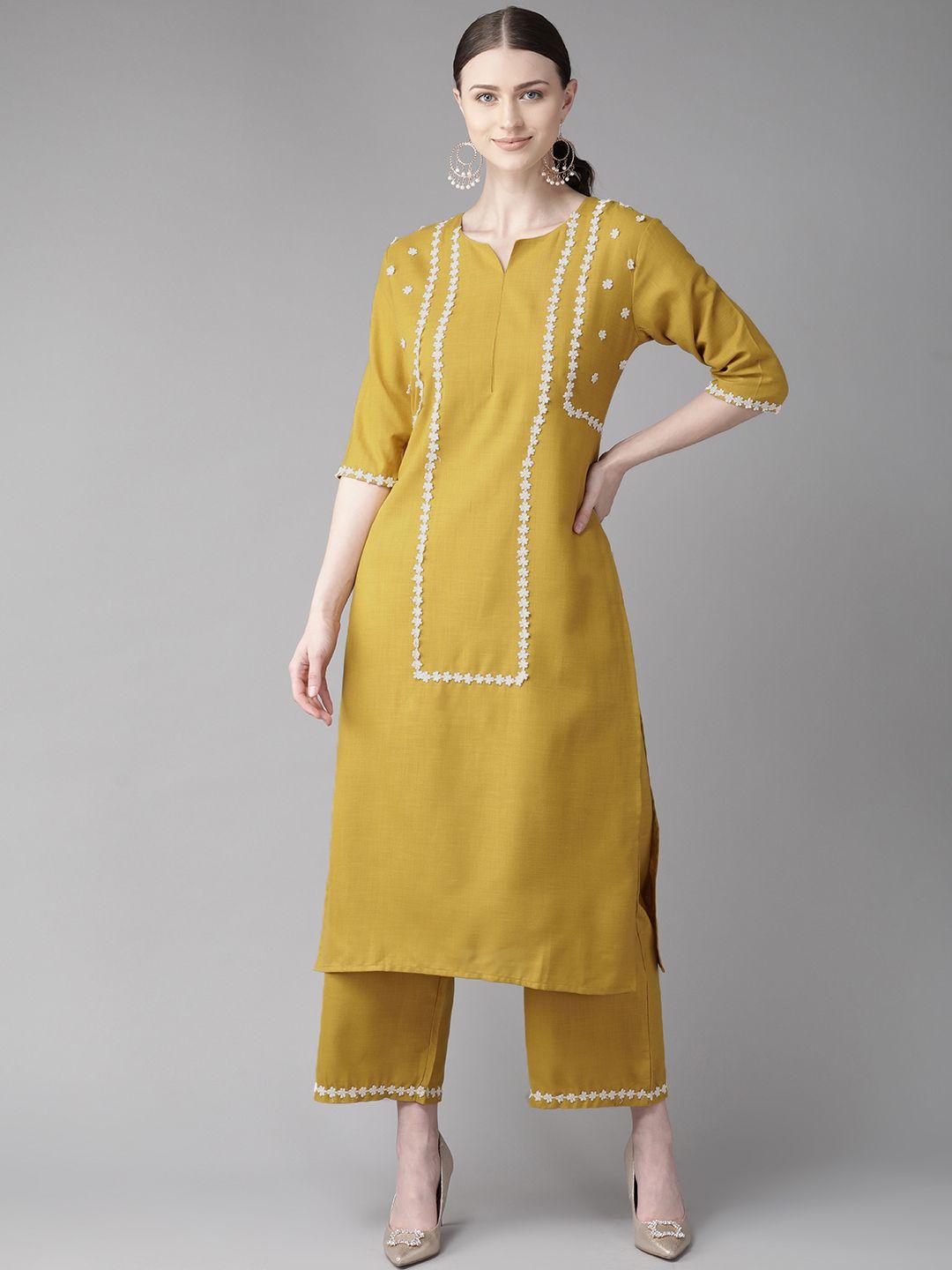 bhama couture women mustard yellow yoke design kurta with palazzos