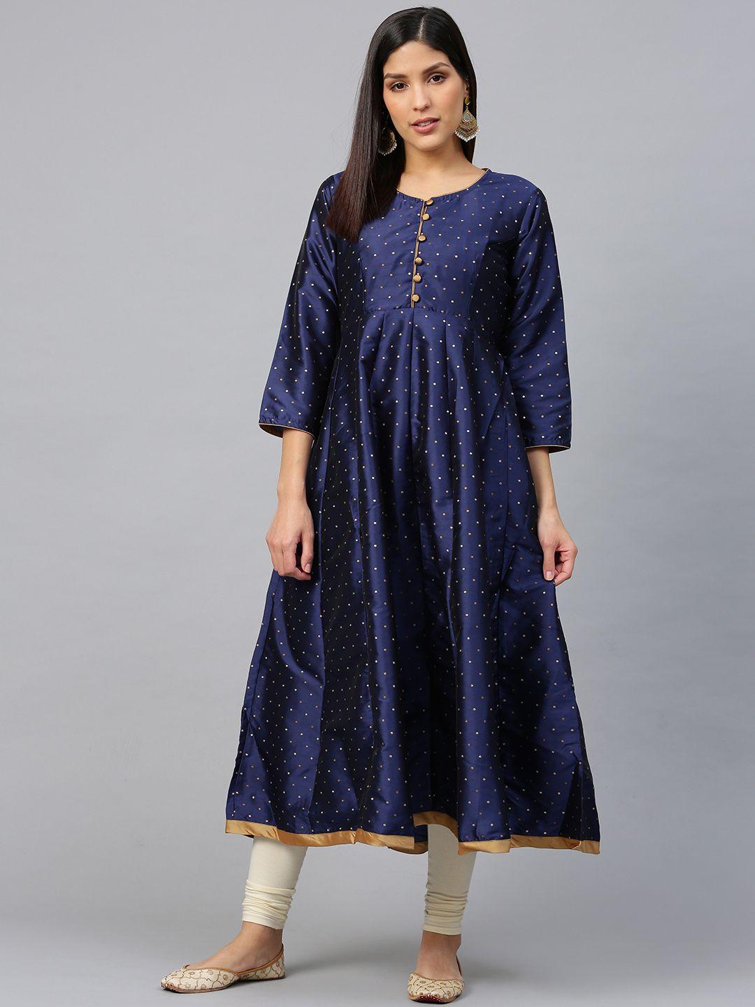 bhama couture women navy blue & golden woven design anarkali kurta