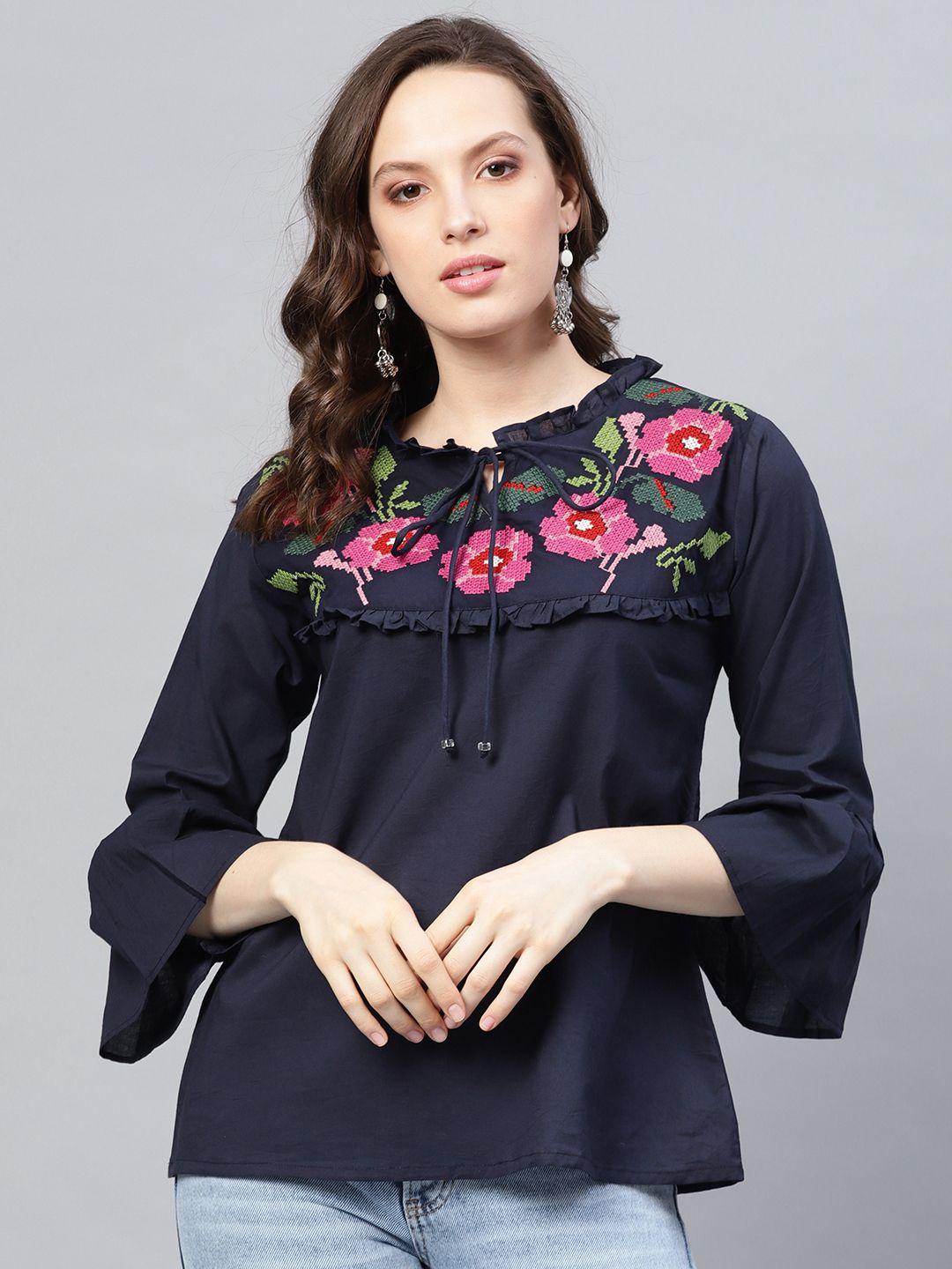 bhama couture women navy blue embroidered a-line pure cotton top