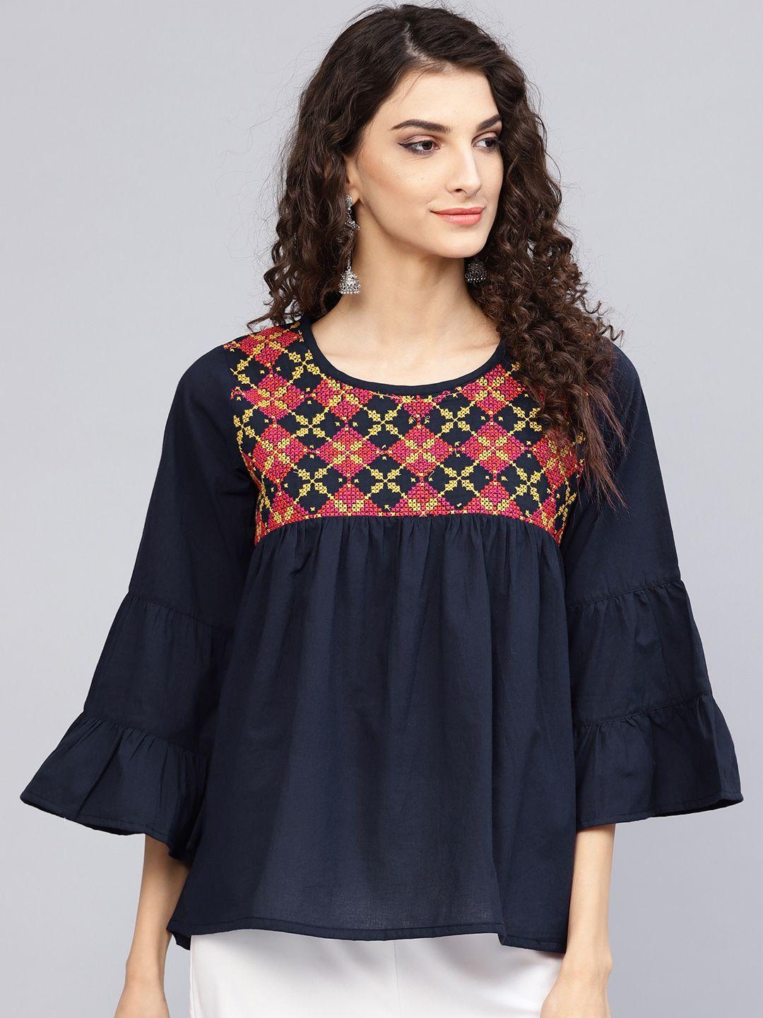 bhama couture women navy blue embroidered a-line top