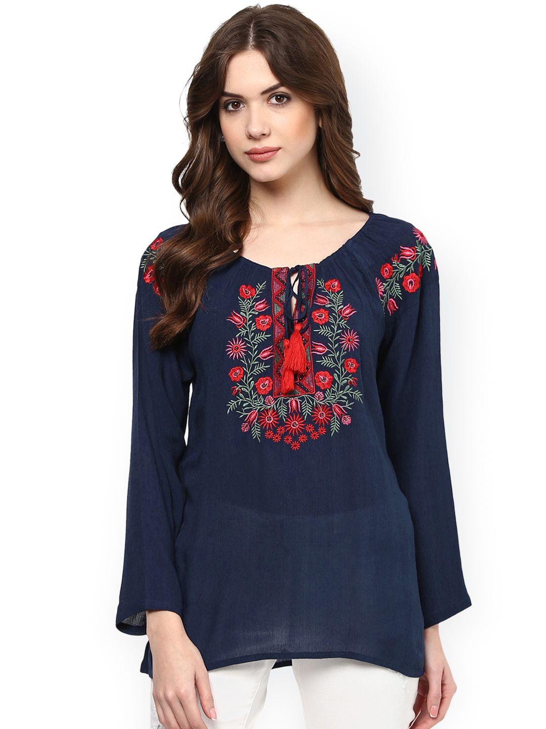 bhama couture women navy blue embroidered semi-sheer top