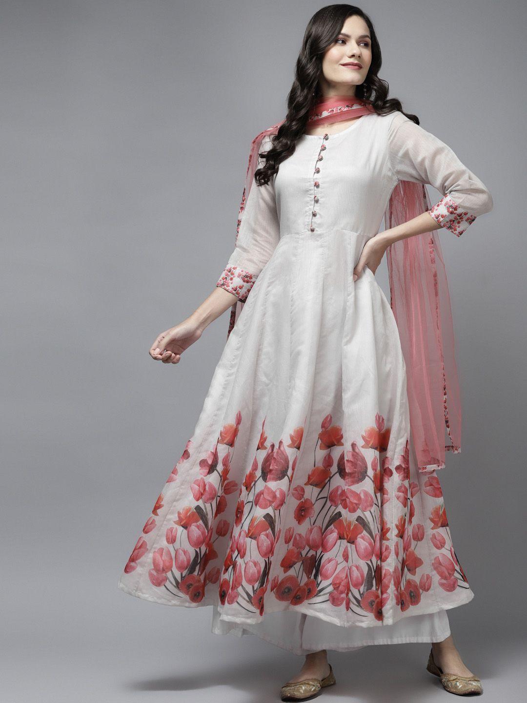 bhama couture women off white  floral chanderi silk anarkali kurta & dupatta