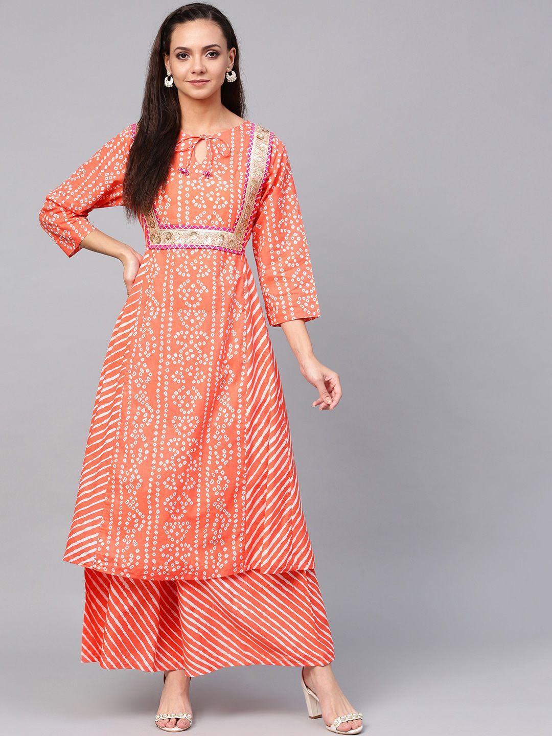 bhama couture women orange bandhani printed kurta with palazzos