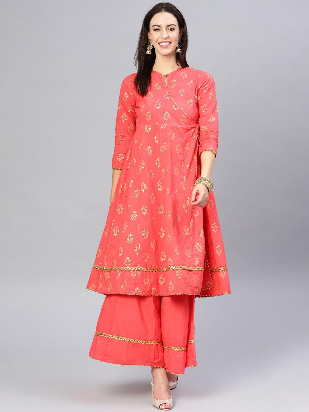 bhama couture women peach-coloured & golden printed kurta with palazzos