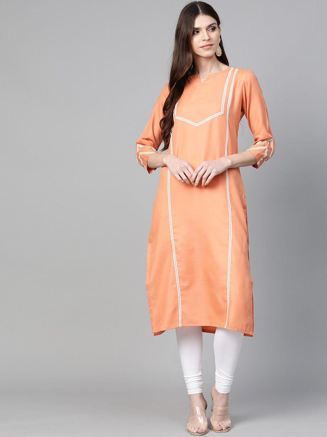 bhama couture women peach-coloured solid straight kurta