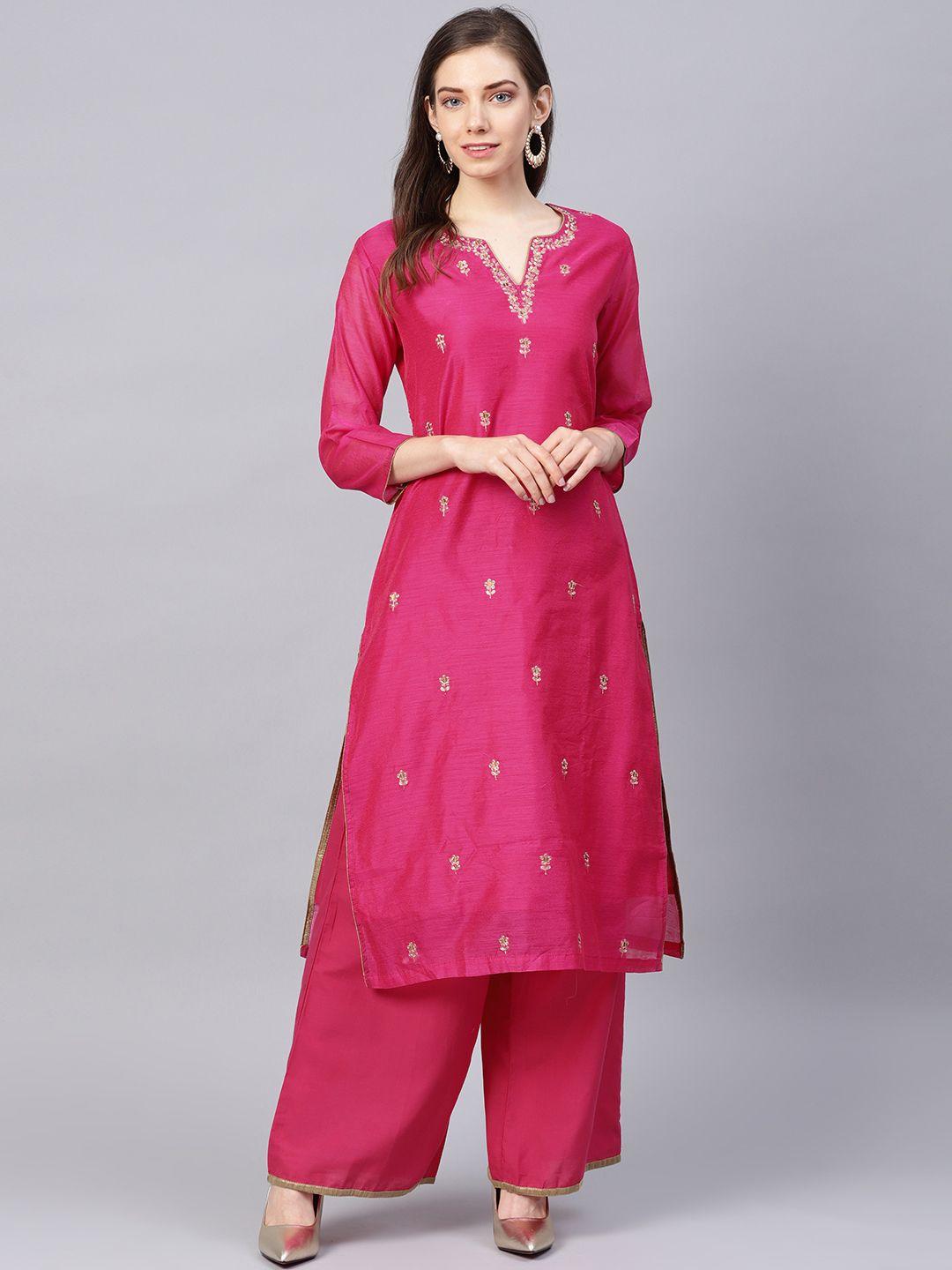 bhama couture women pink embroidered kurta with palazzos