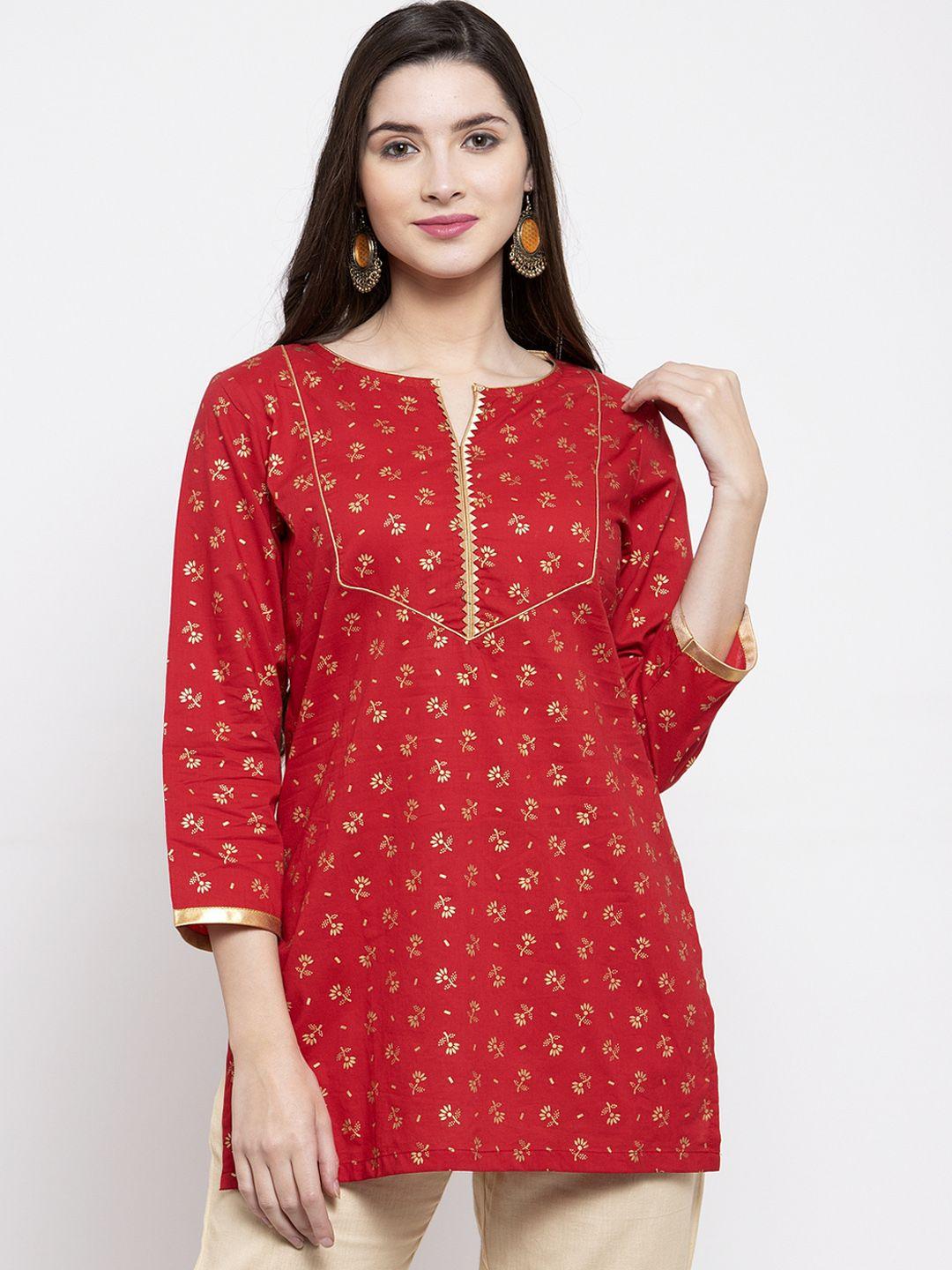 bhama couture women red & golden foil print tunic