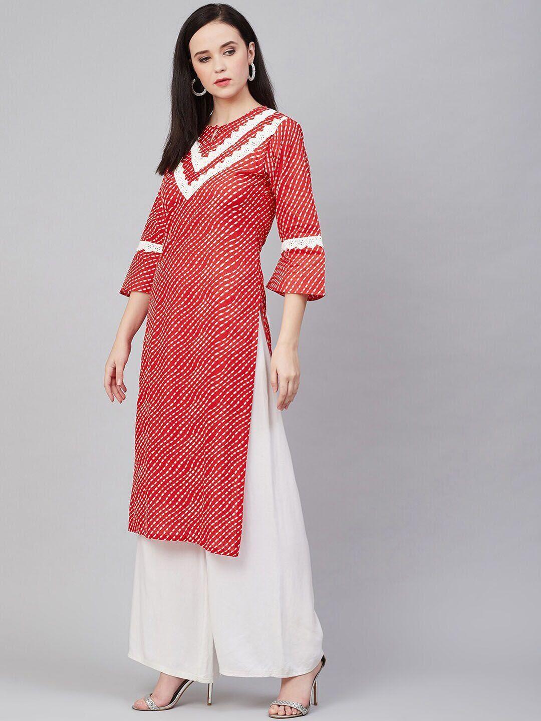 bhama couture women red & white printed kurta with palazzos