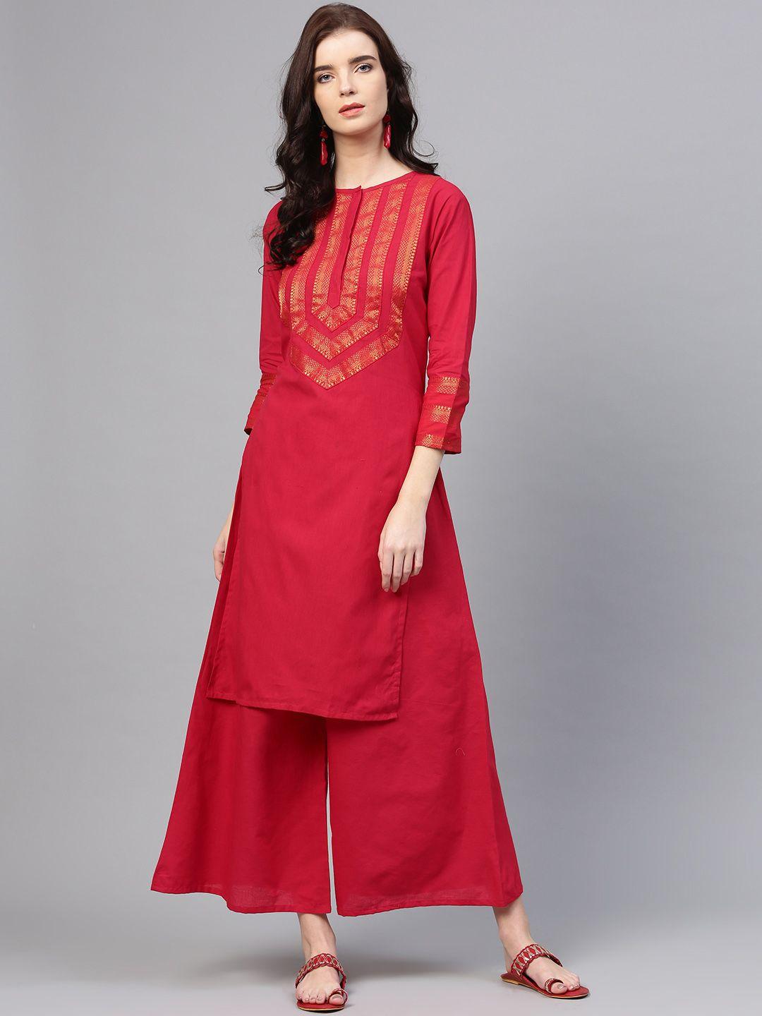 bhama couture women red self design kurta with palazzos