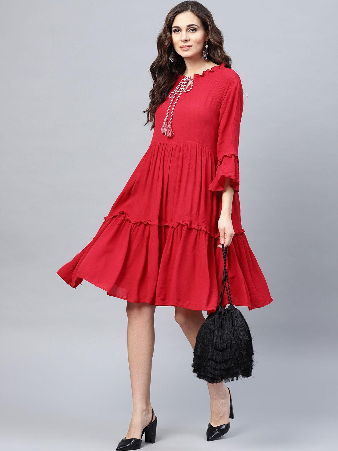 bhama couture women red solid tiered a-line dress