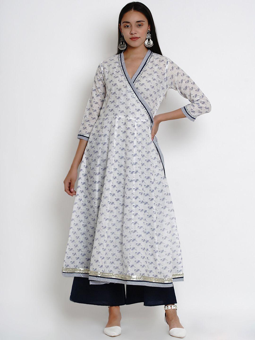 bhama couture women white & blue ethnic motifs printed angrakha kurta with palazzos