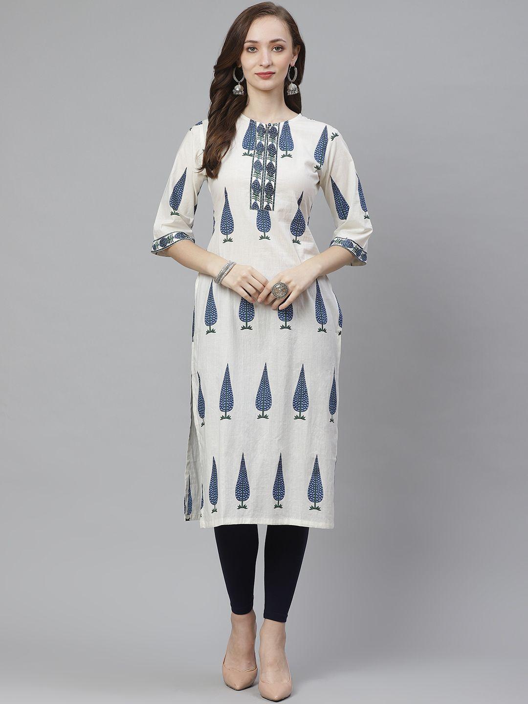 bhama couture women white & blue ethnic print straight kurta