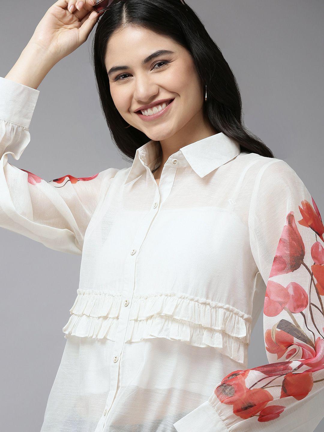 bhama couture women white & red floral detail ruffles shirt style top