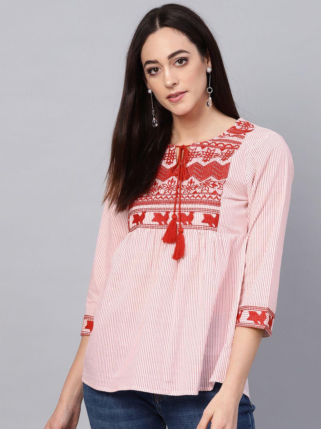 bhama couture women white and red striped empire pure cotton top