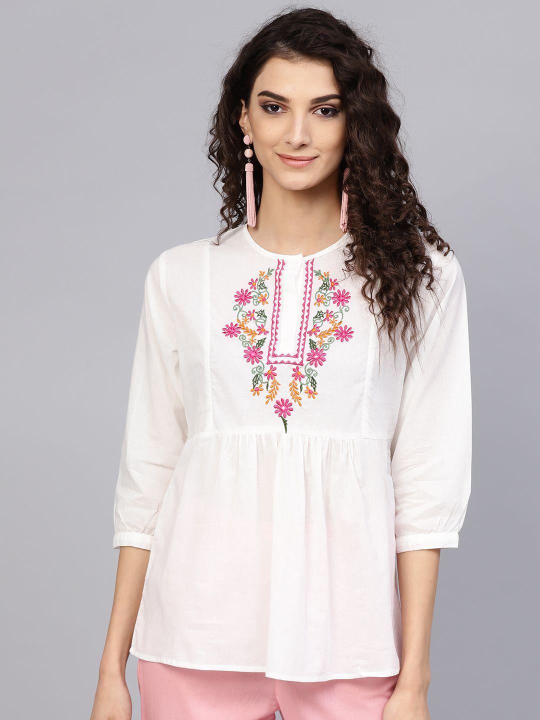 bhama couture women white embroidered a-line pure cotton top