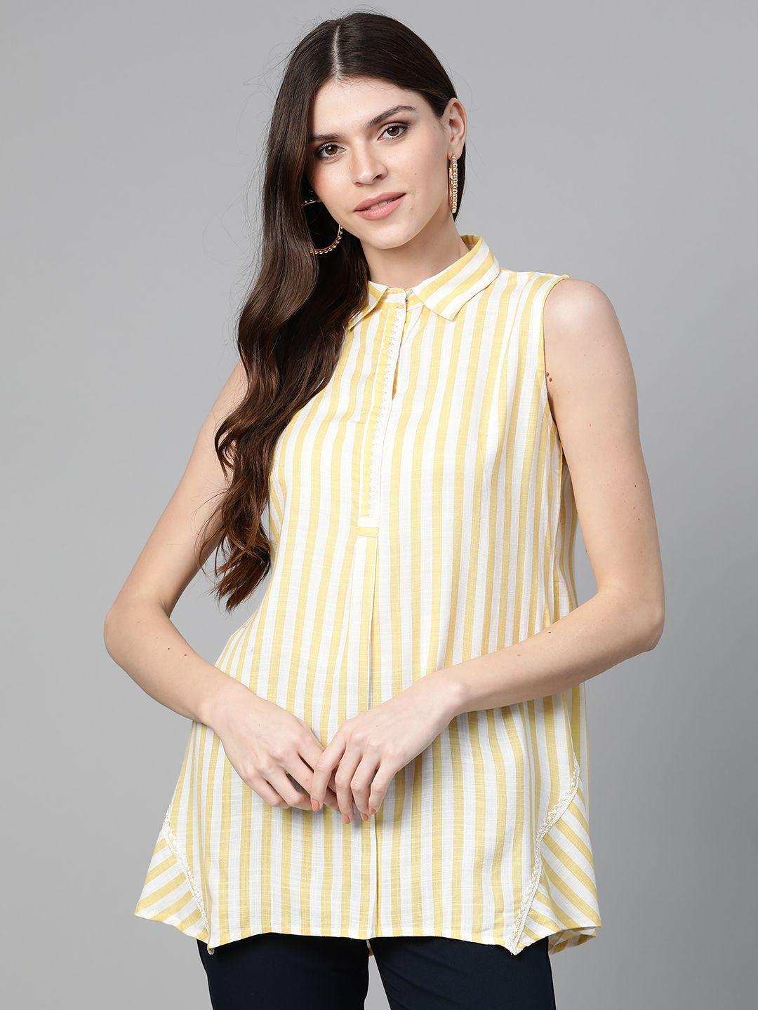 bhama couture women yellow & off-white striped shirt tunic