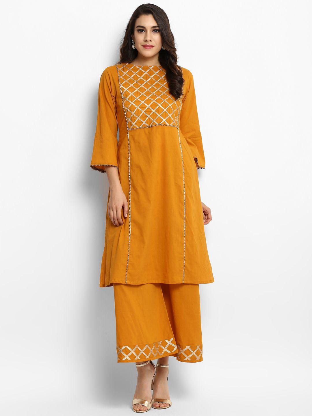 bhama couture women yellow embellished kurta with palazzos