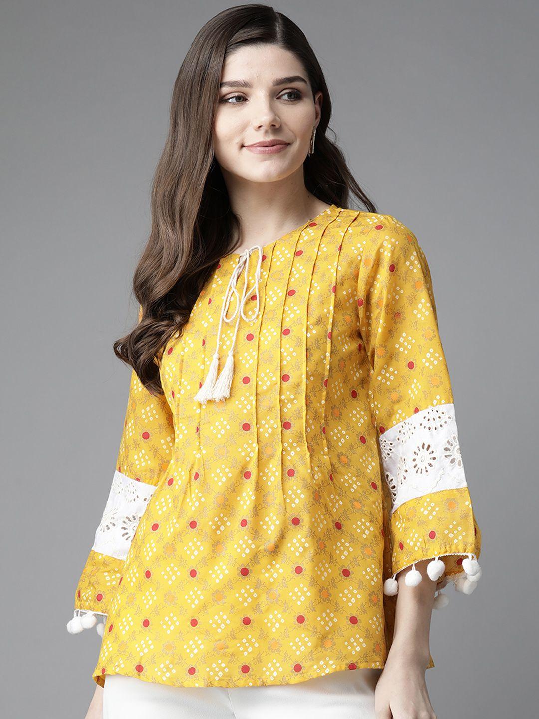 bhama couture yellow & white printed tie-up neck flared sleeves a-line top