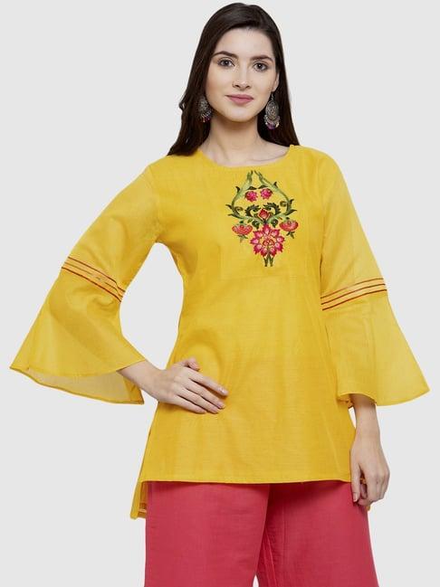 bhama couture yellow embroidered high low kurti