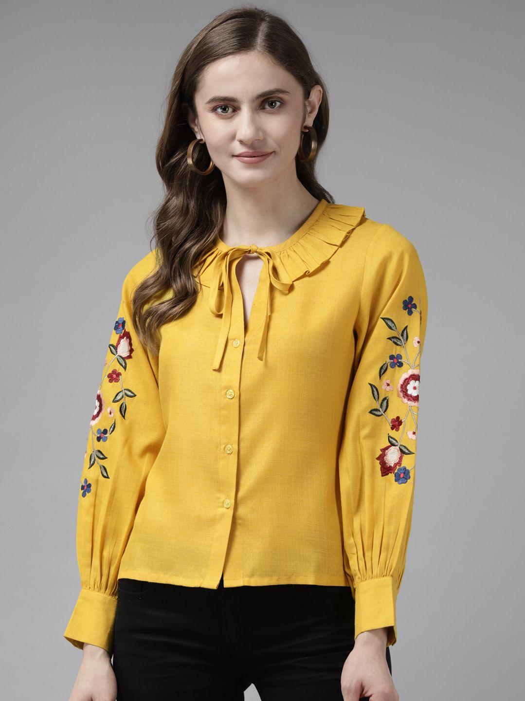 bhama couture yellow embroidered tie-up neck ruffles shirt style top