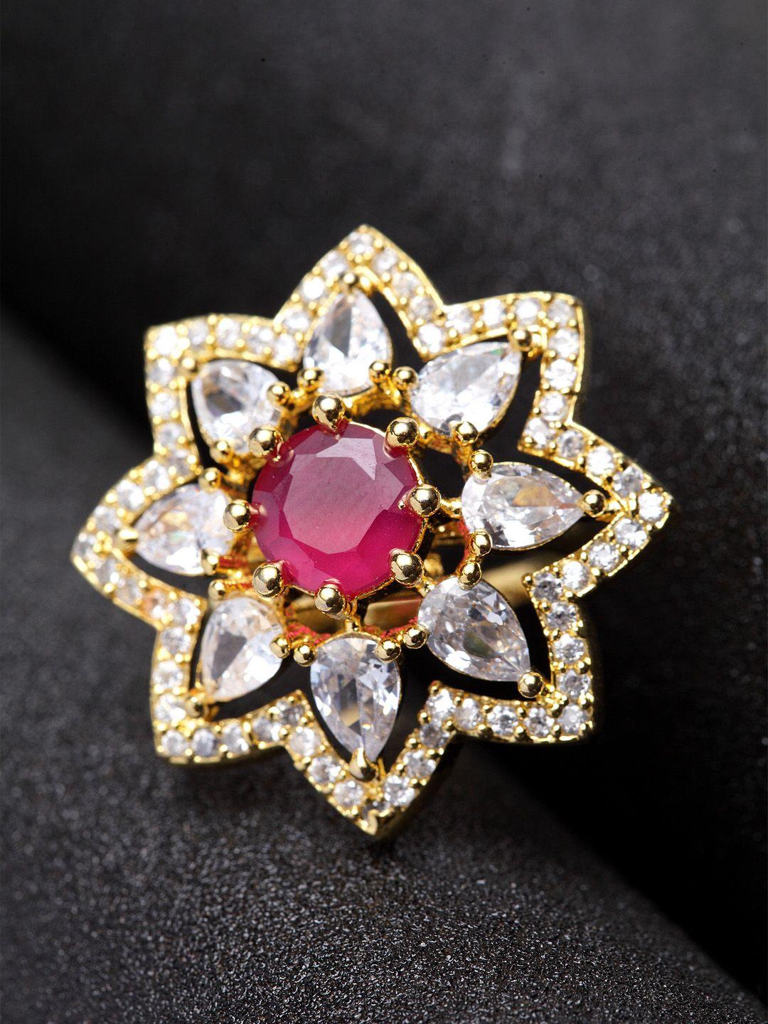 bhana fashion gold-plated & magenta ad-studded handcrafted finger ring