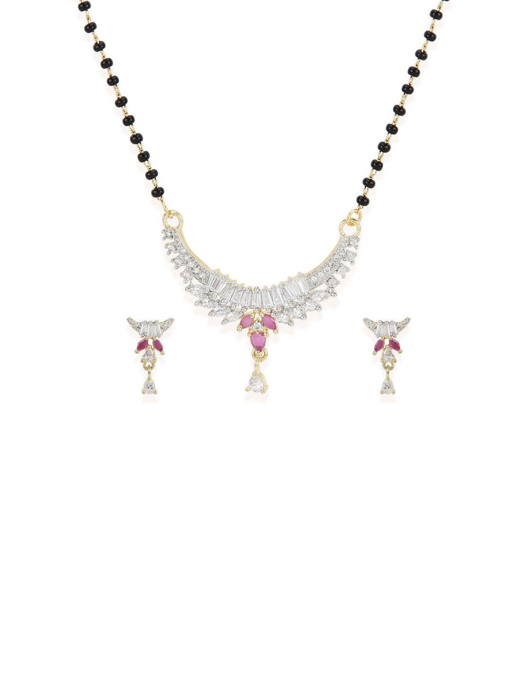 bhana fashion gold-plated & magenta beaded ad-studded mangalsutra with earrings