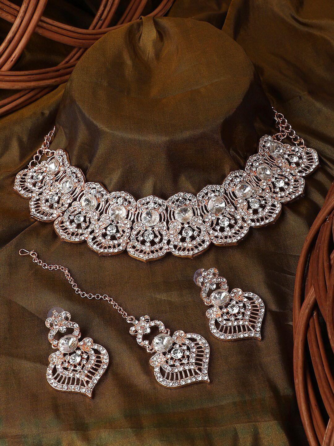 bhana fashion rose gold-plated & toned white ad-studded jewellery set