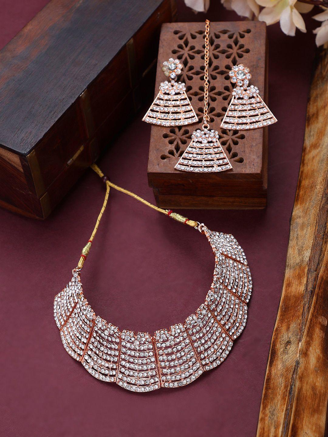 bhana fashion rose gold-plated ad-studded necklace & earring set